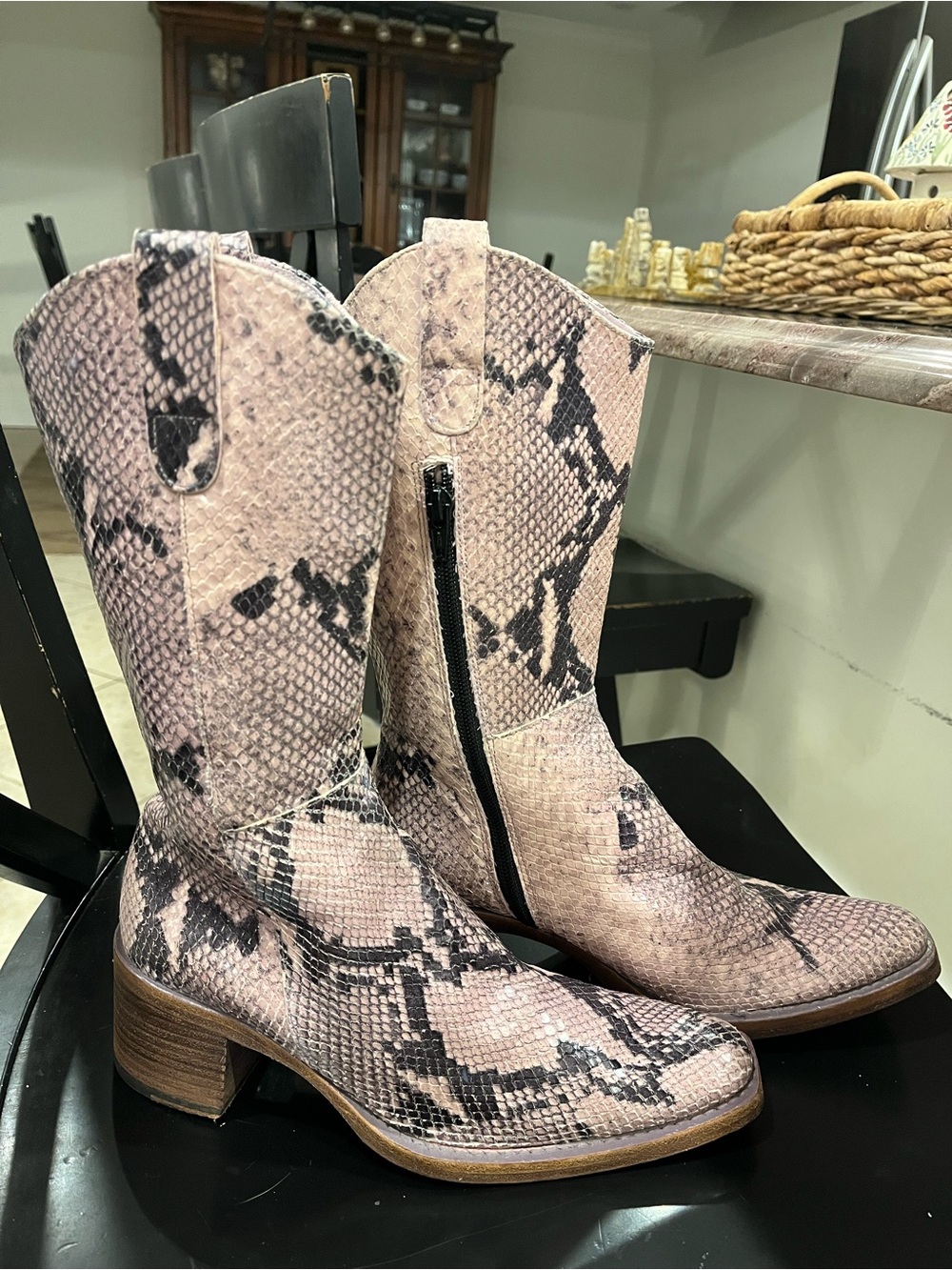 Vintage Hype Pink Neutral Leather Snake Print Mid Calf Western Boots
